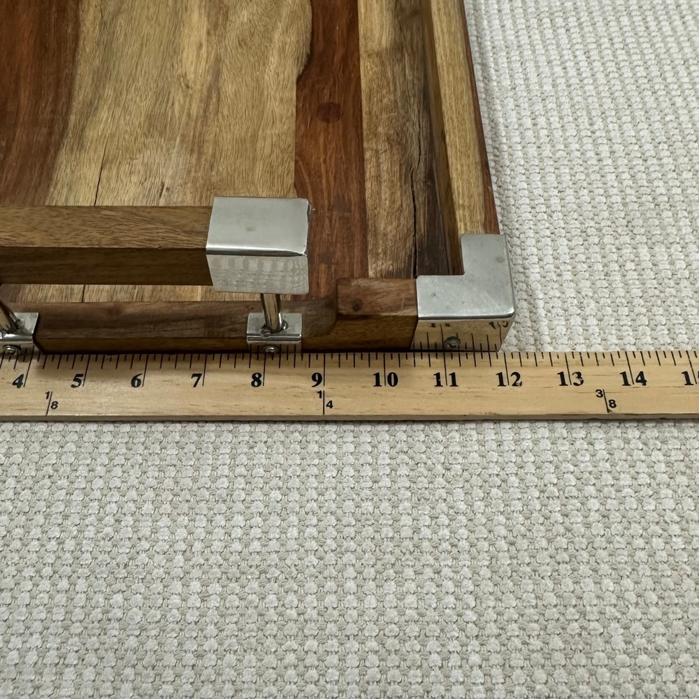 Modern Industrial Wood Serving Tray with Silver Metal Handles Corner Brackets - Picture 4 of 6